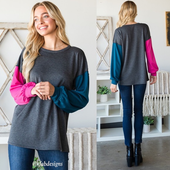 LAST 1! Puff Sleeve Fun, Vibrant Color Block Casual Top! - Picture 7 of 10
